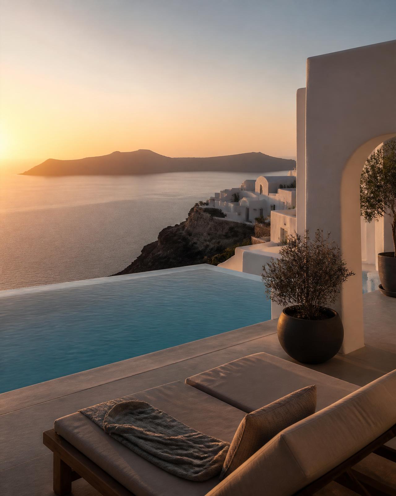 Luxury Santorini hotel terrace overlooking the Aegean caldera at golden hour